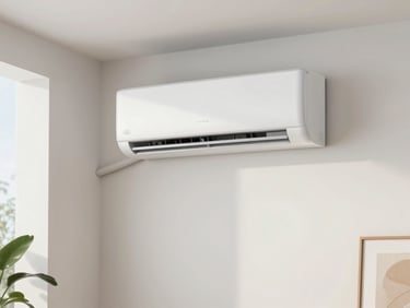 Bright modern living room with a seamlessly integrated white split air conditioner on a clean wall, natural morning light, minimal aesthetic, premium home