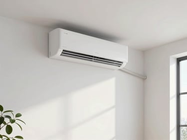 Bright, modern minimalist living room with clean white walls, natural daylight, showing a high-end split air conditioner seamlessly integrated near the ceiling, comfortable atmosphere.