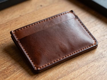 Close-up of a hand-burnished leather card holder, deep brown full-grain hide with elegant wear marks, soft directional natural light on a wooden workbench, 35mm photography