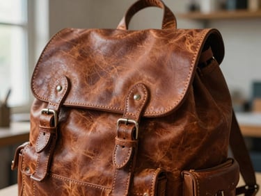 Macro detail of a well-worn leather backpack, rich cognac leather showing dark honey patina and tight hand-saddle stitching, soft side-lighting from a workshop window, 35mm photography