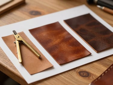A spread of paper patterns, brass dividers, and custom leather swatches in tan, cognac, and deep espresso brown on a wooden workbench, warm side-lighting