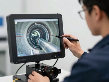 Close-up of a professional technician in a clean dark blue uniform operating a modern digital pipeline inspection camera screen showing clear internal pipe structure, bright daylight.