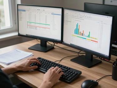 Angled overhead shot of an engineer's workstation, dual monitors displaying a Zabbix network monitoring dashboard with host status graphs, natural window light from the left, hands resting on a mechanical keyboard, printed runbook pages visible at the edge of the desk