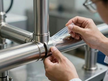 Close-up shot of a technician's hands applying a precise, clear gel barrier to a stainless steel pipe joint under bright, natural daylight in an immaculate commercial kitchen, highly professional and hygienic.