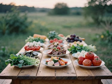 A long wooden table set outdoors on a farm, laden with fresh, seasonal dishes, with soft evening light and blurred greenery in the background, warm editorial photography.