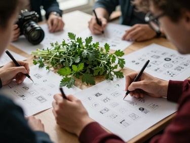 Overhead shot of agency team members sketching social media grids on parchment paper, surrounded by fresh herbs and a camera lens, soft natural light, rich crimson and forest green tones