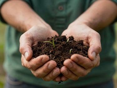 Close-up of a farmer's hands holding a handful of rich, dark soil, with faint green shoots in the background, soft natural light, tactile texture, warm editorial photography.