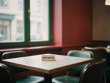 A cozy, empty restaurant dining room bathed in soft evening light, a 'reserved' sign on a table, inviting and warm atmosphere.