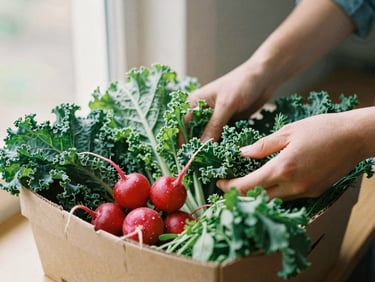 Hands gently placing vibrant, organic produce like kale, radishes, and herbs into a reusable CSA box, soft natural light, warm editorial photography.