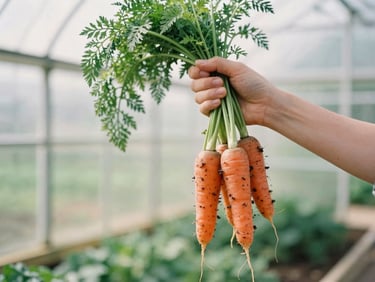 Hands holding freshly harvested carrots with dirt still on them, sunlit greenhouse, shallow depth of field, warm editorial photography, 35mm film.