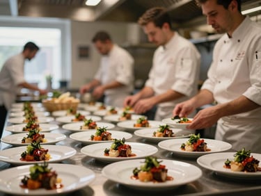 Dynamic shot of a busy kitchen pass, blurred motion of chefs, focus on perfectly plated food, warm glow from the kitchen.