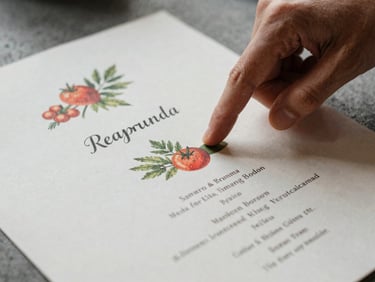 Close-up of a beautifully designed seasonal menu on crisp parchment, a chef's hand pointing to a featured ingredient, soft light.