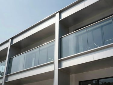 Dramatic low-angle exterior shot, bright daylight, a heavy-duty commercial storefront system with custom aluminum miter joints and integrated glass railings.