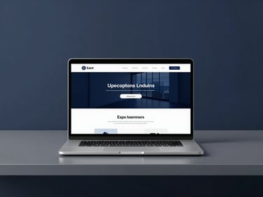 Minimalist workspace with a clean laptop displaying a modern landing page wireframe, cool daylight, sharp corporate aesthetics.