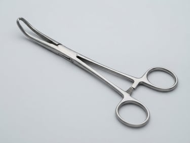 Sharp technical photography of individual surgical forceps on a sterile light gray background, bright high-key studio lighting, macro lens, ultra-detailed.