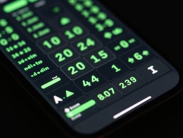 High-fidelity mobile screen mockup showing a puzzle game with neon green performance metrics overlaid, dark-mode, macro detail.