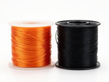 Two pristine filament spools, one orange and one black, perfectly wound, side by side on a clinical white surface, crisp studio shadows