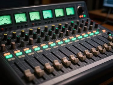 Close-up of a high-end mixing console in a dark studio, glowing green LED meters, faders set to different levels, moody atmosphere