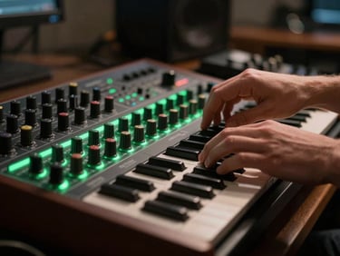 Close-up of a music producer's hands adjusting controls on an analog synthesizer in a dimly lit studio, sharp green backlighting, atmospheric creative vibe.