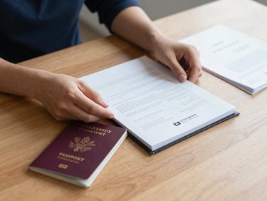 A close-up of a student's hands organizing visa documents, passports, and university offer letters on a clean wooden desk under soft natural light.