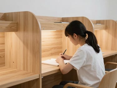 A student deeply focused, studying in a premium minimalist individual study cabin made of light oak, warm ambient desk lamp, calm atmosphere.