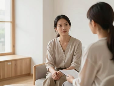 A professional, calm one-on-one counseling session in a brightly lit minimalist room with light wood accents, soft natural light.