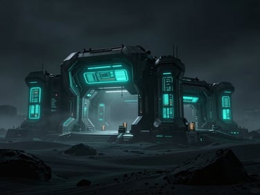Cinematic wide-angle shot of a brutalist sci-fi fortress on obsidian sands, glowing cyan terminal interfaces cutting through thick dark fog, 35mm lens, dark cinematic game photography