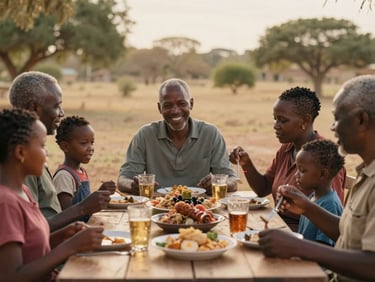Still frame of a video showing a multi-generational South African family sharing a meal outdoors, warm authentic tones