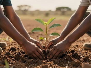 Still frame of a video showing hands planting a young tree in fertile South African soil, soft golden light, 35mm