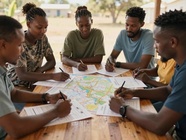 Still frame of a video showing community leaders collaborating around a wooden table with maps and project plans, natural light