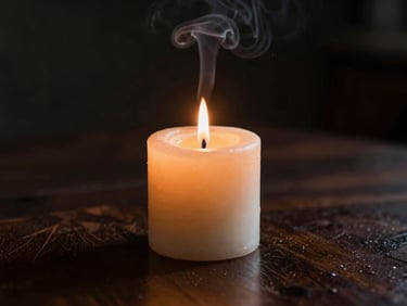 A close-up of a single warm wax candle burning on a dark, reflective wooden surface, soft smoke trail, deeply atmospheric dark background