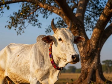 A gentle white cow with soft eyes wearing a traditional colorful woven collar, standing under a golden-hour banyan tree, 35mm