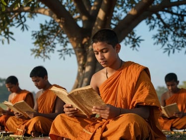 Cinematic medium shot of young Gurukul scholars in saffron robes reading ancient palm-leaf manuscripts under the golden-hour sunlight filtering through a banyan tree, 35mm
