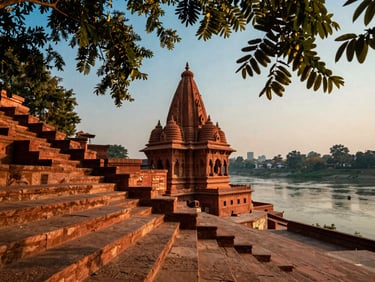 Cinematic shot of ancient red sandstone temple steps leading to the Yamuna river, warm golden-hour light filtering through banyan leaves, 35mm