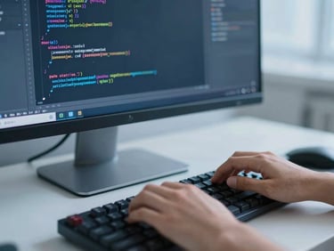 Close-up of clean code in an IDE on a modern monitor, hands typing on a mechanical keyboard, soft blue ambient light, shallow depth of field