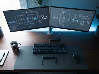 Overhead view of clean developer workspace with mechanical keyboard, dual monitors displaying system architecture diagrams, cool blue ambient light, 35mm