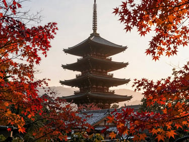 A quiet traditional wooden pagoda in Kyoto surrounded by autumn maple leaves, soft morning mist.