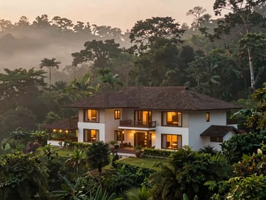 Luxury resort villa nestled in a dense green forest in Coorg, soft morning mist, warm glowing lights from the villa windows, premium editorial style.