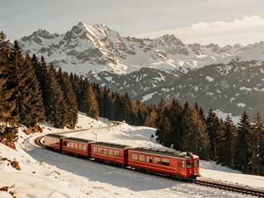 A red scenic train winding through majestic snow-capped Swiss mountains and pine forests under warm afternoon light.