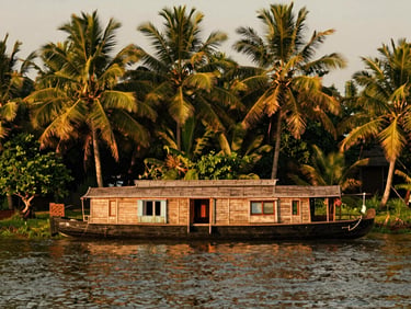 A traditional wooden houseboat floating on the calm backwaters of Alappuzha, fringed by coconut palms, warm editorial travel photography.