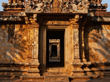 An ancient stone temple gateway in Hampi, dramatic shadows, warm afternoon sun, rich saturated earth tones.