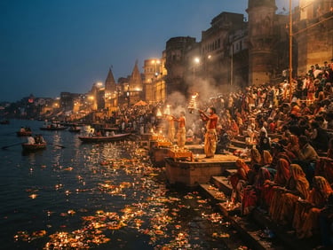 Atmospheric evening shot of Varanasi ghats at twilight, soft oil lamps floating on the river Ganges, rich warm tones, medium format film style