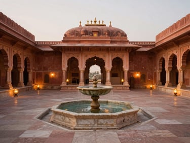 Luxurious courtyard of a restored Rajasthani palace, marble fountains, warm evening lanterns, soft natural daylight.