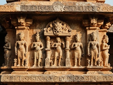 Close-up of ancient stone carvings on a temple pillar in Tamil Nadu, warm afternoon light highlighting the textures, rich earth tones.
