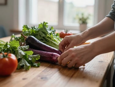 Close-up of hands arranging fresh produce on a wooden table, soft natural window light, shallow depth of field, cozy Scandinavian restaurant interior