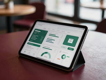 Overhead shot of a tablet displaying a social media analytics dashboard, blurred background of a cozy Scandinavian-style cafe, soft window light, deep crimson and forest green tones.