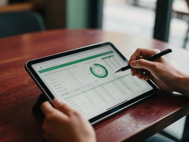 Overhead shot of a digital tablet displaying analytics data, hands holding a pen, warm-lit cafe interior, shallow depth of field