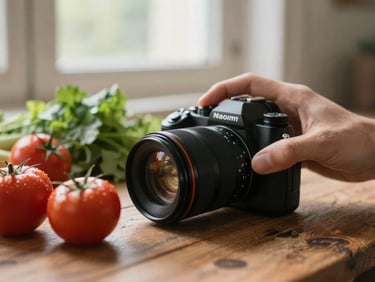 Close-up of a hand adjusting a camera lens over a rustic wooden table with fresh produce, soft natural light, shallow depth of field, warm editorial photography.