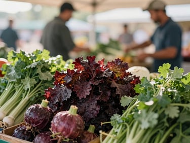 A farmer's market stall with vibrant seasonal vegetables, soft morning light, blurred background of market activity