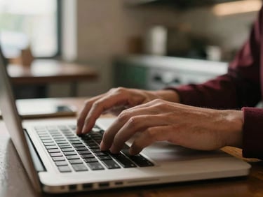 Hands typing on a laptop keyboard, blurred background of restaurant kitchen equipment, soft warm light, shallow depth of field, focused on the keyboard.